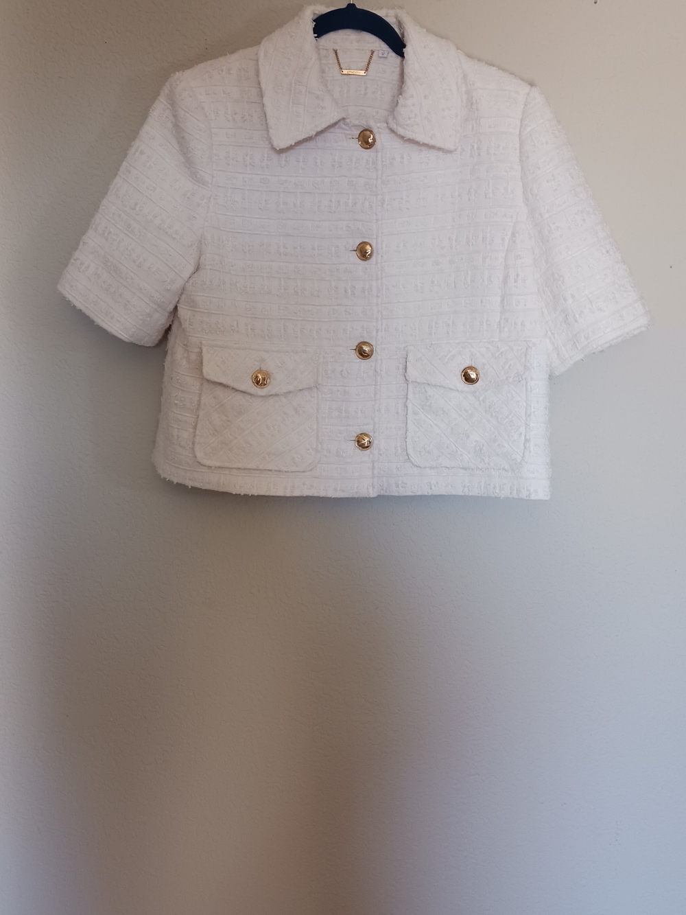 Chico's Cream Textured Tweed Jacket with Gold Accent